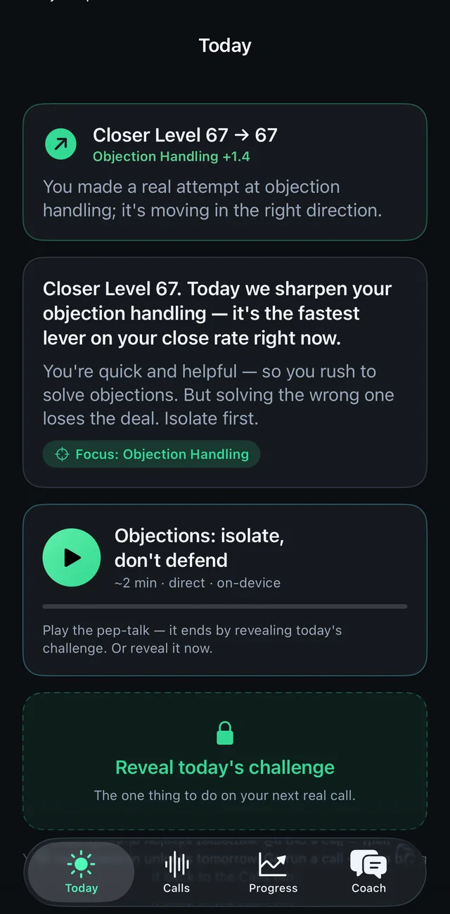 Closer Coach daily plan screen