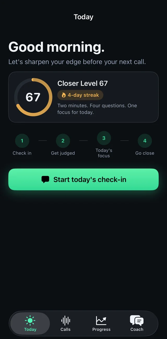 Closer Coach Today screen with Closer Level and daily check-in